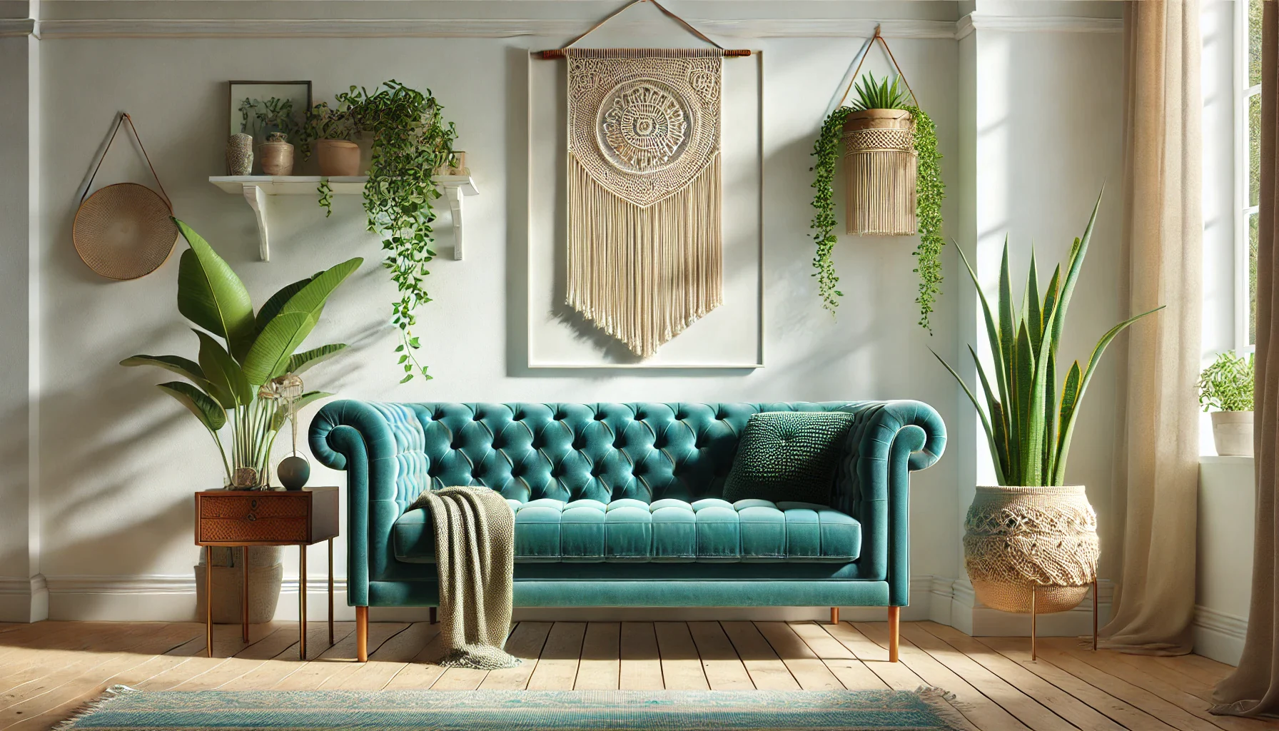 Espace d’accueil chaleureux avec canapé vert en velours, plantes et décoration naturelle dans un cabinet de bien-être